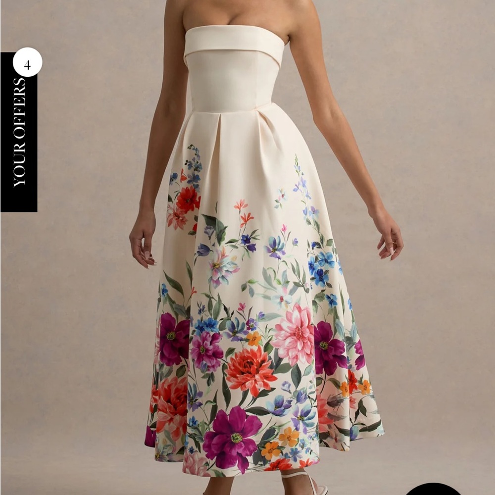 Club L London Light Pink Floral Print Bandeau Skater Midi Dress